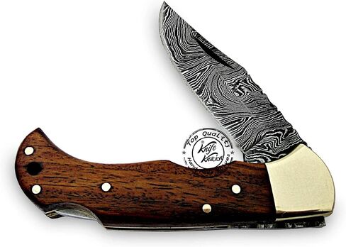 Rose Wood Handmade Damascus Pocket Knife - Folding - Hunting Knife, Folding Knives for Men with Wood Handle for Outdoor Survival Hunting Accessories, Gifts for Men, Boyfriend, Dad, Father’s Day Gift in Kuwait