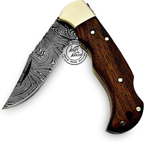 Rose Wood Handmade Damascus Pocket Knife - Folding - Hunting Knife, Folding Knives for Men with Wood Handle for Outdoor Survival Hunting Accessories, Gifts for Men, Boyfriend, Dad, Father’s Day Gift in Kuwait