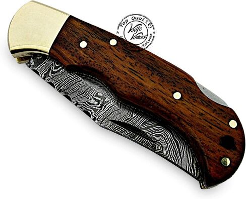Rose Wood Handmade Damascus Pocket Knife - Folding - Hunting Knife, Folding Knives for Men with Wood Handle for Outdoor Survival Hunting Accessories, Gifts for Men, Boyfriend, Dad, Father’s Day Gift in Kuwait