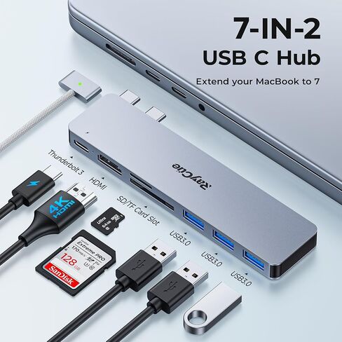 محول USB C HDMI Hub لجهاز MacBook Pro/Air M1 M2 2023 2022 2021 13 بوصة 15 بوصة 16 بوصة، RayCue USB C إلى HDMI Mac ملحقات متعددة المنافذ مع 4K HDMI، Thunderbolt 3، 3 منافذ بيانات USB A 3.0، قارئ بطاقة SD&TF in Kuwait
