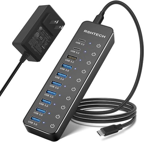 Powered USB Hub, RSHTECH 10-Port USB 3.2/USB C Hub 60W with 10Gbps USB-A 3.2, 2 USB-C 3.2, 7 USB 3.0 Ports, Individual Touch Switches and 3.3ft Cable, Hybrid USB Splitter for Laptop/PC, RSH-ST10C in Saudi Arabia
