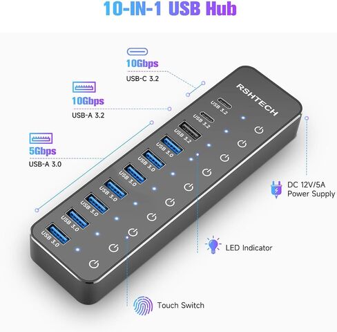 Powered USB Hub, RSHTECH 10-Port USB 3.2/USB C Hub 60W with 10Gbps USB-A 3.2, 2 USB-C 3.2, 7 USB 3.0 Ports, Individual Touch Switches and 3.3ft Cable, Hybrid USB Splitter for Laptop/PC, RSH-ST10C in Saudi Arabia