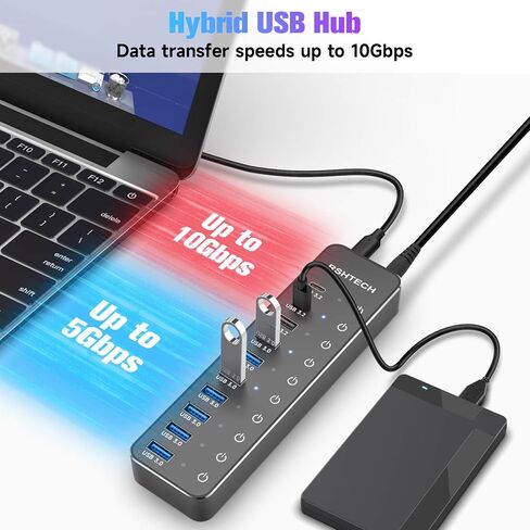 Powered USB Hub, RSHTECH 10-Port USB 3.2/USB C Hub 60W with 10Gbps USB-A 3.2, 2 USB-C 3.2, 7 USB 3.0 Ports, Individual Touch Switches and 3.3ft Cable, Hybrid USB Splitter for Laptop/PC, RSH-ST10C in Saudi Arabia