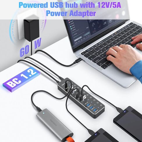 Powered USB Hub, RSHTECH 10-Port USB 3.2/USB C Hub 60W with 10Gbps USB-A 3.2, 2 USB-C 3.2, 7 USB 3.0 Ports, Individual Touch Switches and 3.3ft Cable, Hybrid USB Splitter for Laptop/PC, RSH-ST10C in Saudi Arabia