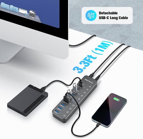 Powered USB Hub, RSHTECH 10-Port USB 3.2/USB C Hub 60W with 10Gbps USB-A 3.2, 2 USB-C 3.2, 7 USB 3.0 Ports, Individual Touch Switches and 3.3ft Cable, Hybrid USB Splitter for Laptop/PC, RSH-ST10C in Saudi Arabia