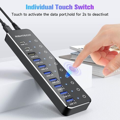 Powered USB Hub, RSHTECH 10-Port USB 3.2/USB C Hub 60W with 10Gbps USB-A 3.2, 2 USB-C 3.2, 7 USB 3.0 Ports, Individual Touch Switches and 3.3ft Cable, Hybrid USB Splitter for Laptop/PC, RSH-ST10C in Saudi Arabia