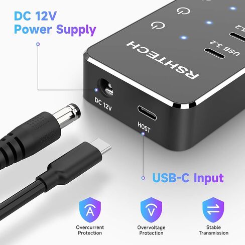 Powered USB Hub, RSHTECH 10-Port USB 3.2/USB C Hub 60W with 10Gbps USB-A 3.2, 2 USB-C 3.2, 7 USB 3.0 Ports, Individual Touch Switches and 3.3ft Cable, Hybrid USB Splitter for Laptop/PC, RSH-ST10C in Saudi Arabia