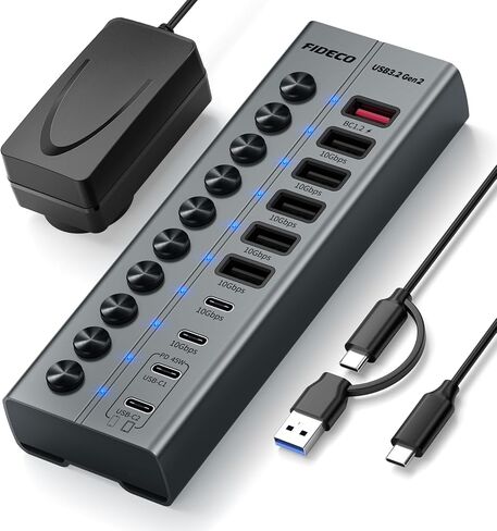 FIDECO 10-Port 72W Powered USB Hub 10Gbps, USB 3.2 Hub with PD 45W Charging in Saudi Arabia