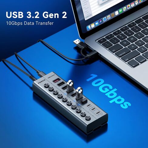 FIDECO 10-Port 72W Powered USB Hub 10Gbps, USB 3.2 Hub with PD 45W Charging in Saudi Arabia