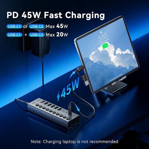 FIDECO 10-Port 72W Powered USB Hub 10Gbps, USB 3.2 Hub with PD 45W Charging in Saudi Arabia