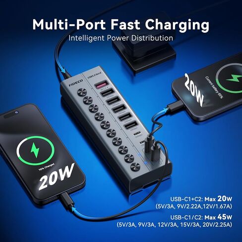 FIDECO 10-Port 72W Powered USB Hub 10Gbps, USB 3.2 Hub with PD 45W Charging in Saudi Arabia