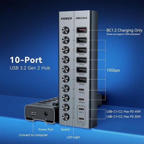 FIDECO 10-Port 72W Powered USB Hub 10Gbps, USB 3.2 Hub with PD 45W Charging in Saudi Arabia