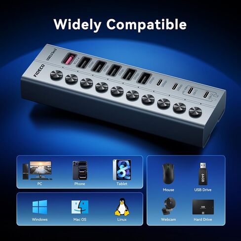 FIDECO 10-Port 72W Powered USB Hub 10Gbps, USB 3.2 Hub with PD 45W Charging in Saudi Arabia