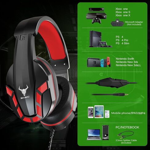 Kikc PS4 Gaming Headset with Mic for Xbox One, PS5, PC, Mobile Phone and Notebook, Controllable Volume Gaming Headphones with Soft Earmuffs for Kid (Red) in Saudi Arabia