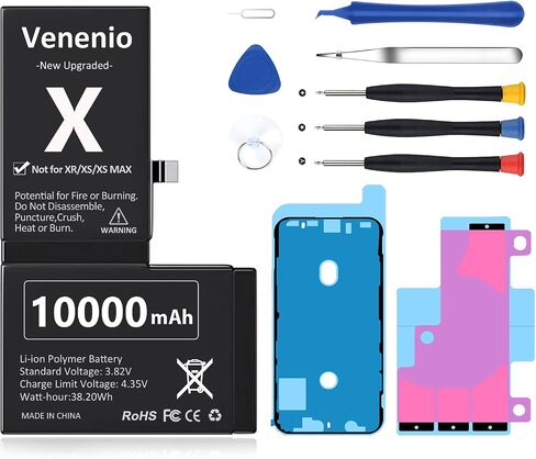 [10000mAh] Battery for iPhone X, Upgraded New 0 Cycle Ultra-High Capacity Battery Replacement for iPhone 10 X Model A1865, A1901, A1902 with Complete Repair Tool kit in Saudi Arabia