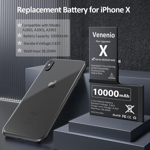 [10000mAh] Battery for iPhone X, Upgraded New 0 Cycle Ultra-High Capacity Battery Replacement for iPhone 10 X Model A1865, A1901, A1902 with Complete Repair Tool kit in Saudi Arabia