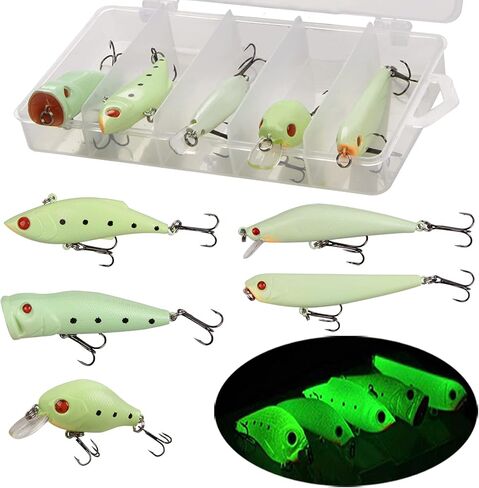 Glow Fishing Lures Bait Kit Luminous VIB Popper Crank Minnow Pencil Hard Bait with Treble Hook Night Fishing Bait Tackle Box (5pcs) in Saudi Arabia