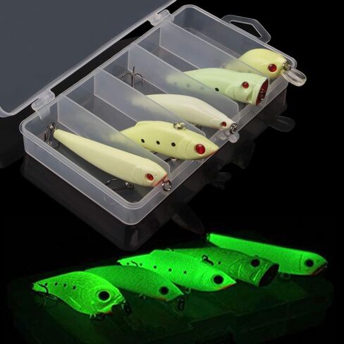 Glow Fishing Lures Bait Kit Luminous VIB Popper Crank Minnow Pencil Hard Bait with Treble Hook Night Fishing Bait Tackle Box (5pcs) in Saudi Arabia