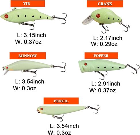 Glow Fishing Lures Bait Kit Luminous VIB Popper Crank Minnow Pencil Hard Bait with Treble Hook Night Fishing Bait Tackle Box (5pcs) in Saudi Arabia