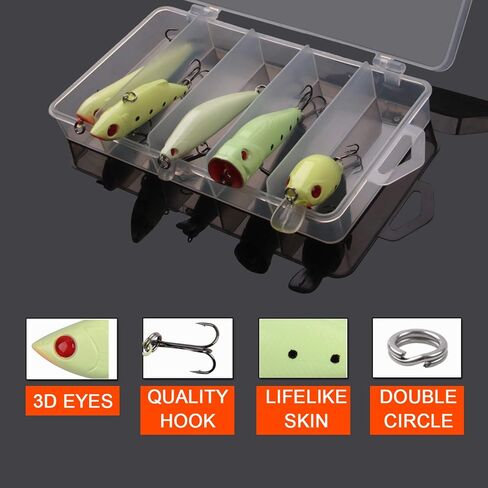 Glow Fishing Lures Bait Kit Luminous VIB Popper Crank Minnow Pencil Hard Bait with Treble Hook Night Fishing Bait Tackle Box (5pcs) in Saudi Arabia
