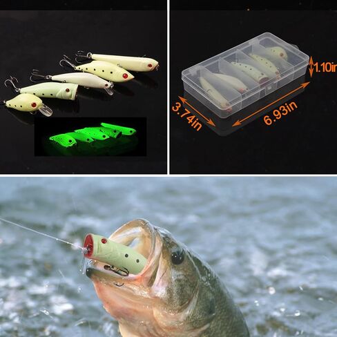 Glow Fishing Lures Bait Kit Luminous VIB Popper Crank Minnow Pencil Hard Bait with Treble Hook Night Fishing Bait Tackle Box (5pcs) in Saudi Arabia