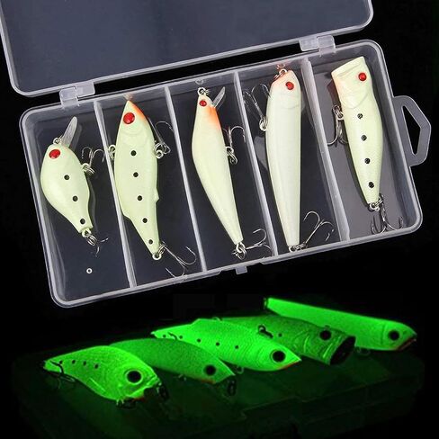 Glow Fishing Lures Bait Kit Luminous VIB Popper Crank Minnow Pencil Hard Bait with Treble Hook Night Fishing Bait Tackle Box (5pcs) in Saudi Arabia