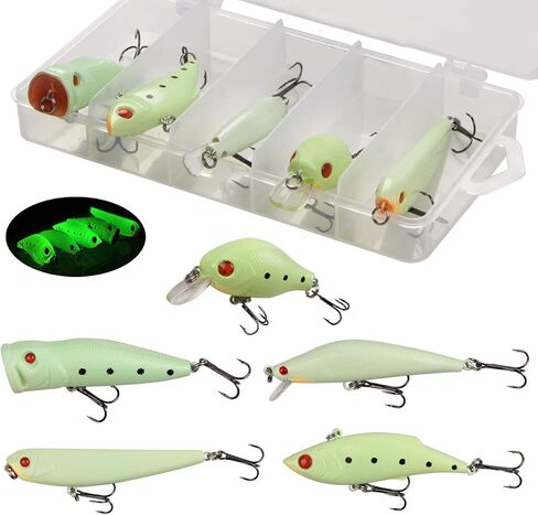 Glow Fishing Lures Bait Kit Luminous VIB Popper Crank Minnow Pencil Hard Bait with Treble Hook Night Fishing Bait Tackle Box (5pcs) in Saudi Arabia