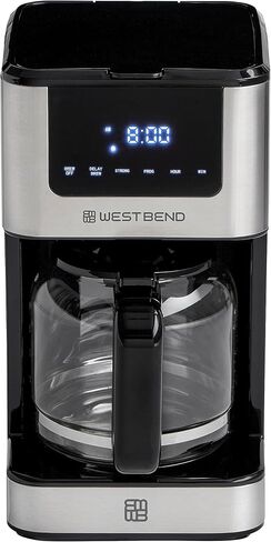 West Bend Drip Coffee Maker Brews Hot or Iced, Programmable with Brew Strength Selector Auto Shut-Off and 6 Functions Permanent Mesh Filter and Glass Carafe, 12-Cup, Metallic in Kuwait