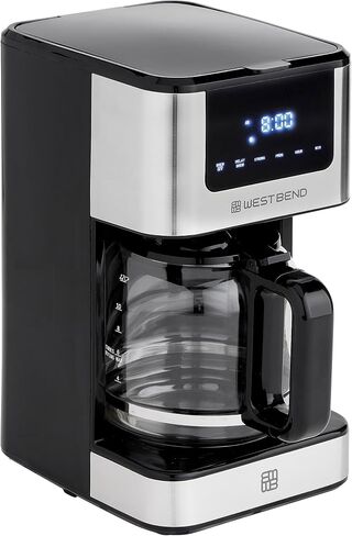 West Bend Drip Coffee Maker Brews Hot or Iced, Programmable with Brew Strength Selector Auto Shut-Off and 6 Functions Permanent Mesh Filter and Glass Carafe, 12-Cup, Metallic in Kuwait