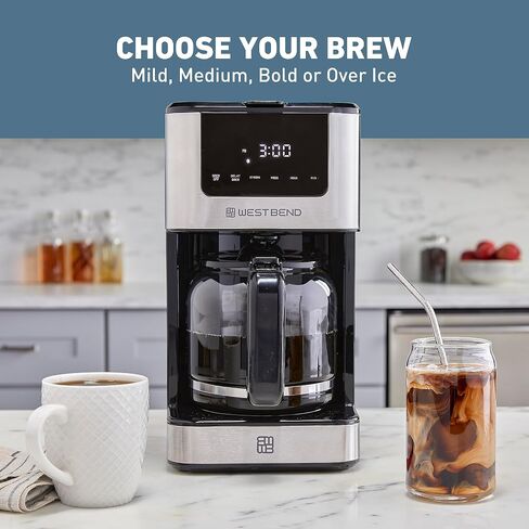 West Bend Drip Coffee Maker Brews Hot or Iced, Programmable with Brew Strength Selector Auto Shut-Off and 6 Functions Permanent Mesh Filter and Glass Carafe, 12-Cup, Metallic in Kuwait