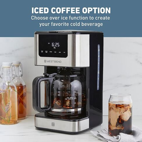 West Bend Drip Coffee Maker Brews Hot or Iced, Programmable with Brew Strength Selector Auto Shut-Off and 6 Functions Permanent Mesh Filter and Glass Carafe, 12-Cup, Metallic in Kuwait