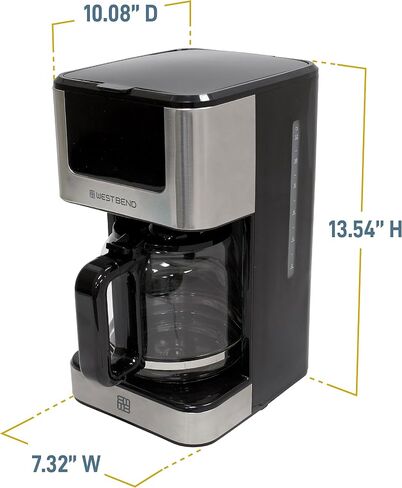 West Bend Drip Coffee Maker Brews Hot or Iced, Programmable with Brew Strength Selector Auto Shut-Off and 6 Functions Permanent Mesh Filter and Glass Carafe, 12-Cup, Metallic in Kuwait