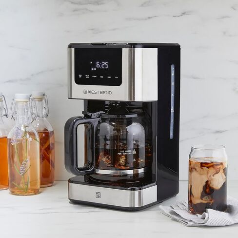 West Bend Drip Coffee Maker Brews Hot or Iced, Programmable with Brew Strength Selector Auto Shut-Off and 6 Functions Permanent Mesh Filter and Glass Carafe, 12-Cup, Metallic in Kuwait