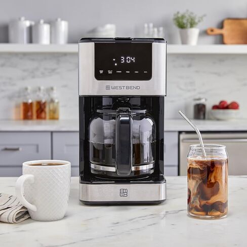 West Bend Drip Coffee Maker Brews Hot or Iced, Programmable with Brew Strength Selector Auto Shut-Off and 6 Functions Permanent Mesh Filter and Glass Carafe, 12-Cup, Metallic in Kuwait