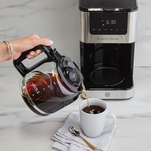 West Bend Drip Coffee Maker Brews Hot or Iced, Programmable with Brew Strength Selector Auto Shut-Off and 6 Functions Permanent Mesh Filter and Glass Carafe, 12-Cup, Metallic in Kuwait