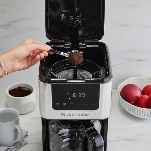 West Bend Drip Coffee Maker Brews Hot or Iced, Programmable with Brew Strength Selector Auto Shut-Off and 6 Functions Permanent Mesh Filter and Glass Carafe, 12-Cup, Metallic in Kuwait
