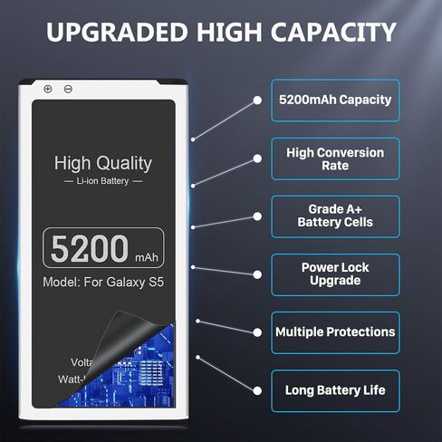 بطارية 5200 مللي أمبير في الساعة لجهاز Galaxy S5، (محدثة) بطارية ليثيوم أيون بديلة EB-BG900BBC لهاتف Samsung Galaxy S5 G900V، G900A، G900F، G900H، I9600، G900P، G900T، G900R4، S5 بطارية احتياطية in Kuwait