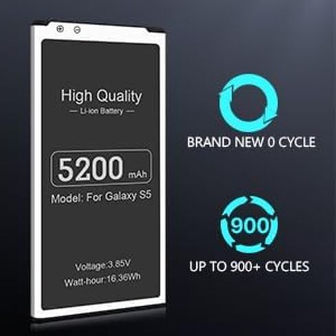 بطارية 5200 مللي أمبير في الساعة لجهاز Galaxy S5، (محدثة) بطارية ليثيوم أيون بديلة EB-BG900BBC لهاتف Samsung Galaxy S5 G900V، G900A، G900F، G900H، I9600، G900P، G900T، G900R4، S5 بطارية احتياطية in Kuwait