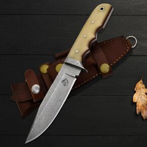 Knives Ranch 9-1/2" Handmade Hunting Knfie - Full Tang Camping Knife - Damascus Bushcraft Knife - Cattle Bone Handle - Heavy-duty Leather Sheath (2151-B) in Saudi Arabia