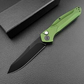 7.7'' Manually operated button-lock knife Black Coated D2 Steel Blade Green Aluminum Alloy Handles Pocket Folding Knife EDC Camping Fishing Tool with Pocket Clip in Saudi Arabia