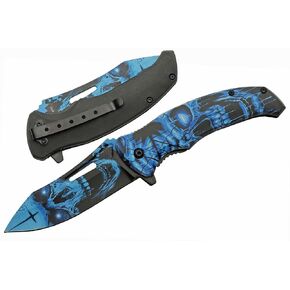 SZCO Supplies 8.5" Haunted Skull Liner Lock EDC Folding Knife With Pocket Clip, Blue (300577-BL) in Saudi Arabia