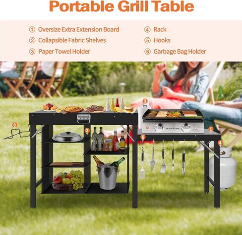 Folding Camping Table with Storage Shelves, Portable Outdoor Grill Station for BBQ, Picnic, Tailgating & Garden Cooking in Kuwait