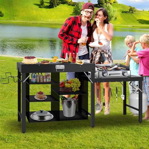Folding Camping Table with Storage Shelves, Portable Outdoor Grill Station for BBQ, Picnic, Tailgating & Garden Cooking in Kuwait