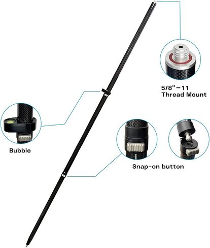 عمود مسح من ألياف الكربون 1.8 متر، 3 أقسام قابل للطي GPS RTK Rover Rod مع قفل سريع الإصدار مستوى الفقاعات 32 مم 5/8"-11 خيط لمحطة إجمالي GNSS Prism in Kuwait