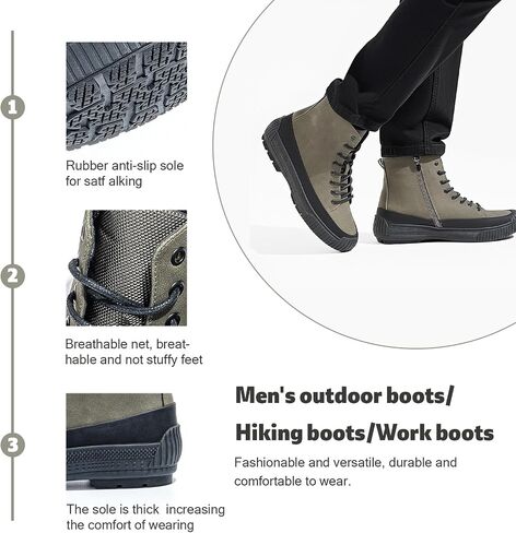 Men’s Hiking Boots Rugged Leather Combat Style Lace Up with Side Zipper Durable Outsole for Outdoor Trekking and Trail in Kuwait