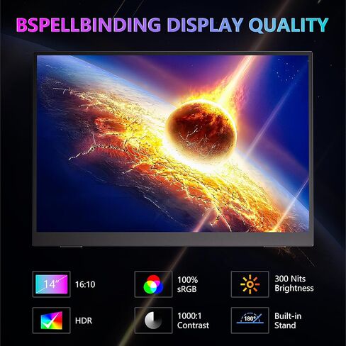 WUAWE 14" Portable Monitor FHD 1080P, Ultra Slim Built-in 180° Adjustable Stand, Second Screen for Laptop, Desktop, Tablet, Phone, Xbox, PS4/PS5, GEEKOM. in Kuwait
