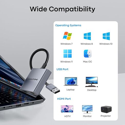 UANTIN USB-A إلى محول HDMI مزدوج، شاشة ممتدة للشاشة المزدوجة in Kuwait