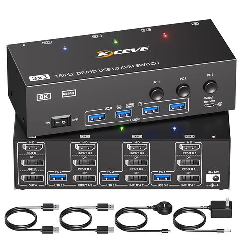 HDMI + 2 Displayport KVM Switch 3 شاشات 4 أجهزة كمبيوتر 8K @ 60 هرتز 4K @ 144 هرتز، 4 منافذ KVM مفاتيح شاشة ثلاثية مشاركة 3 شاشة عرض و4 منافذ USB3.0 تدعم الوضع الممتد/المرآة. in Kuwait