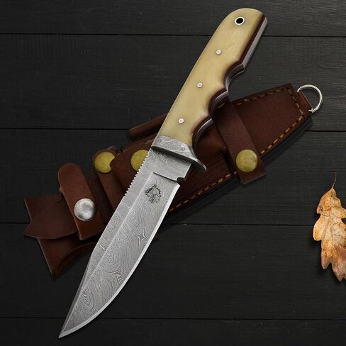 Knives Ranch 9-1/2" Handmade Hunting Knfie - Full Tang Camping Knife - Damascus Bushcraft Knife - Cattle Bone Handle - Heavy-duty Leather Sheath (2151-B) in Saudi Arabia
