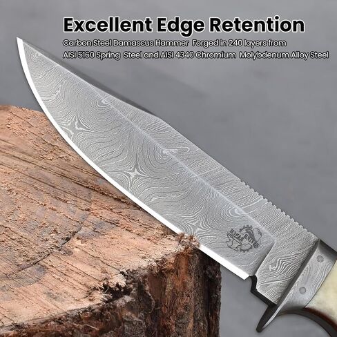 Knives Ranch 9-1/2" Handmade Hunting Knfie - Full Tang Camping Knife - Damascus Bushcraft Knife - Cattle Bone Handle - Heavy-duty Leather Sheath (2151-B) in Saudi Arabia
